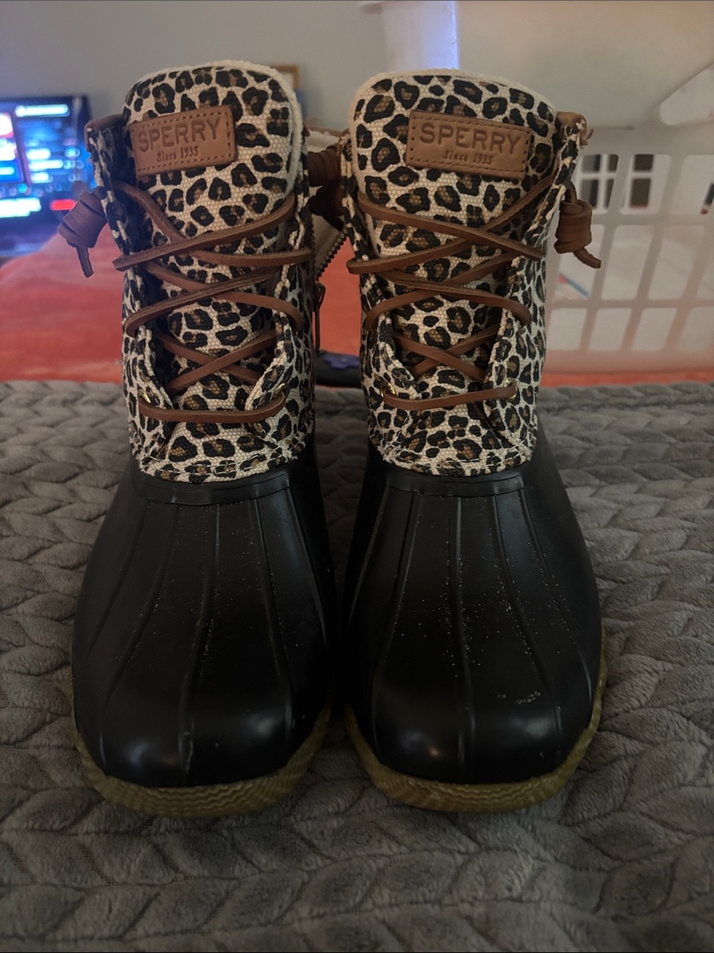 Sperry Leopard-Print & Black Women's Duck Boots with Brown Accents - Picture 2 of 6